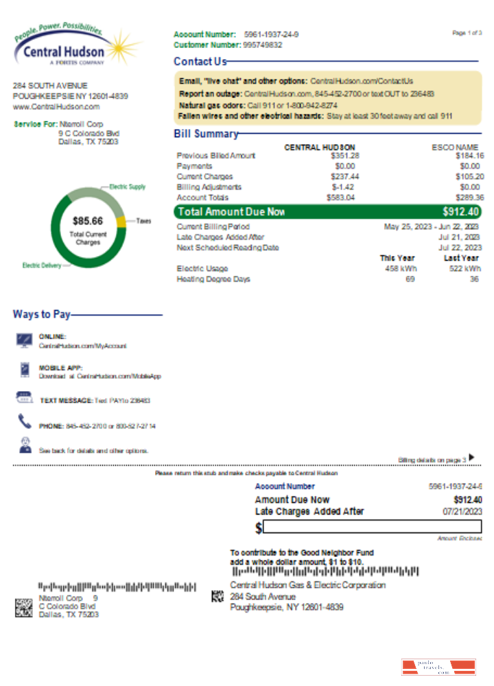 Central Hudson Energy Group utility business bill, page 1, SCR PSD template